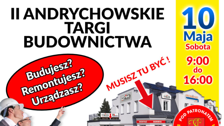 budynek z 2 mężczyznami, czarne napisy na czerwonym i żółtym tle